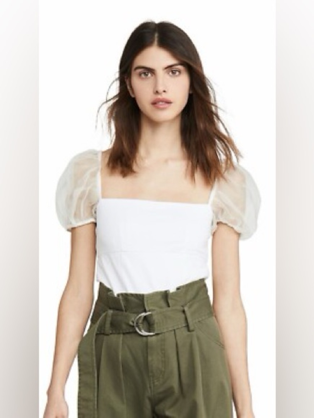 Cinq a Sept Havana Top with Organza Puff Sleeves in White Size Small Blouse Tank
